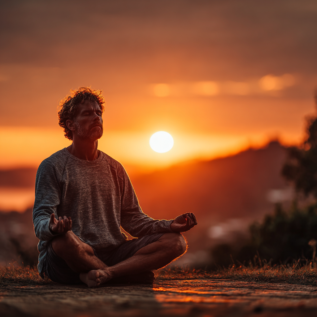 Athletic man meditating in lotus position during sunset achieving mental clarity and focus
