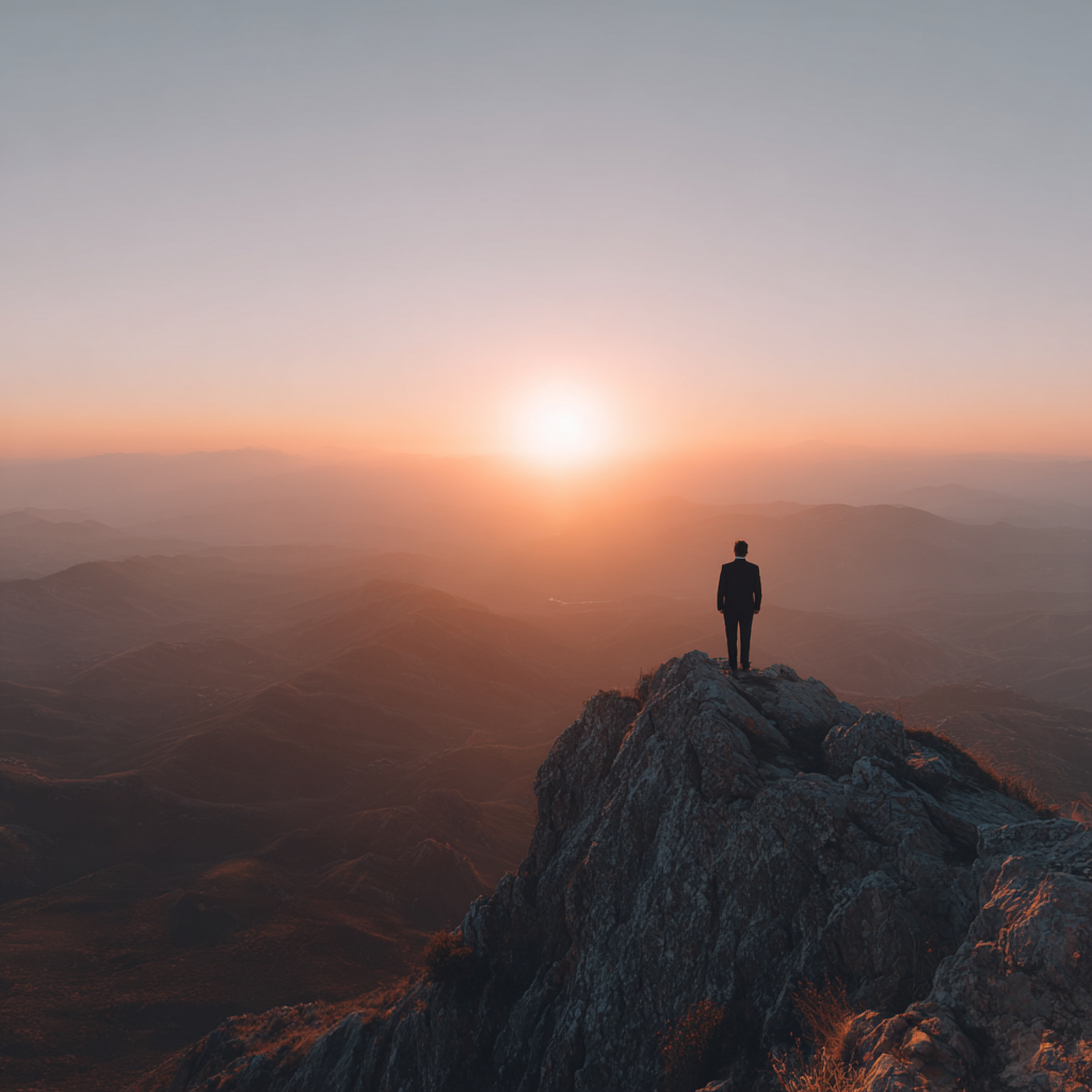 Confident business man in suit standing on mountain peak at sunrise looking at horizon with achievement mindset