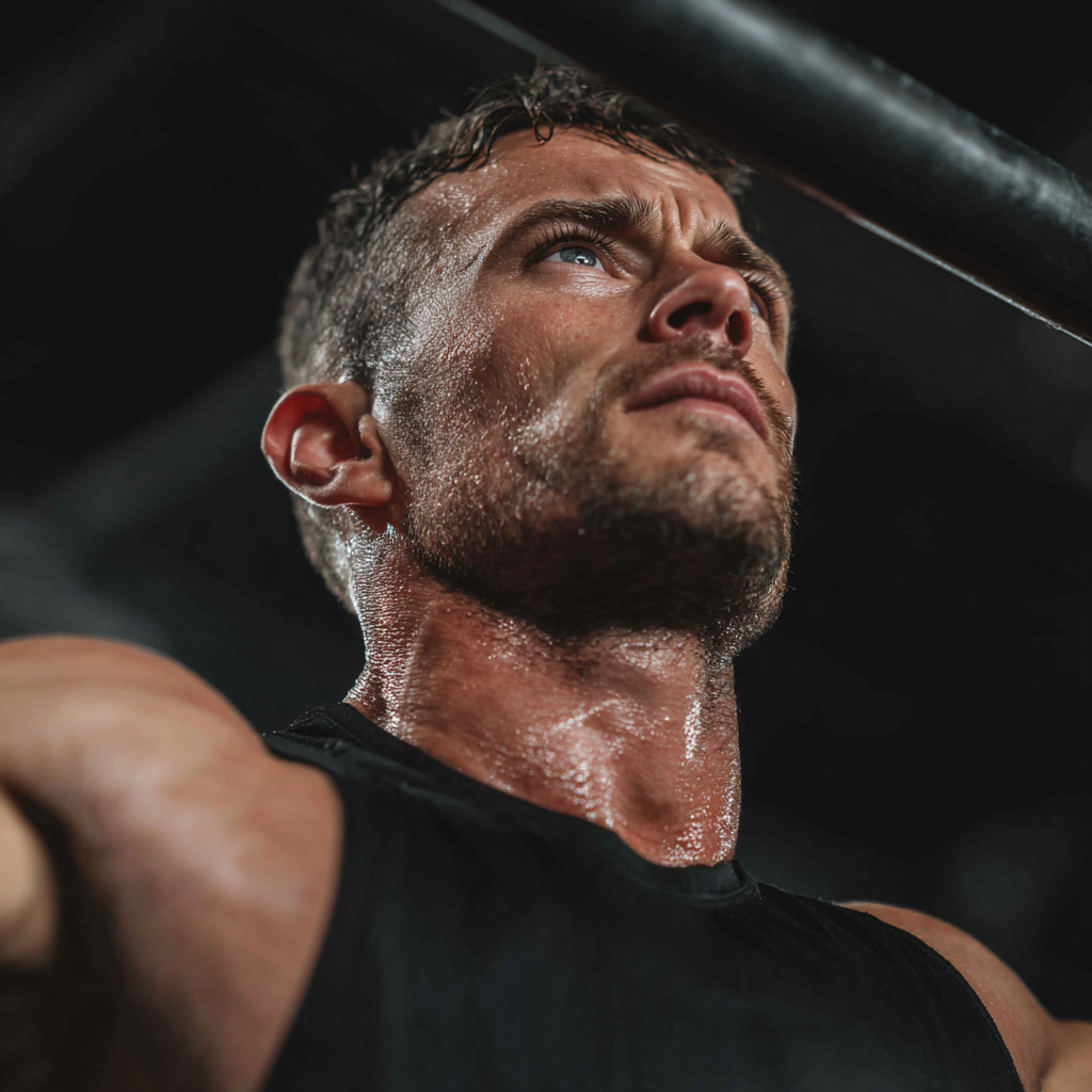 Focused muscular man doing pull-ups exercise in modern gym with determination